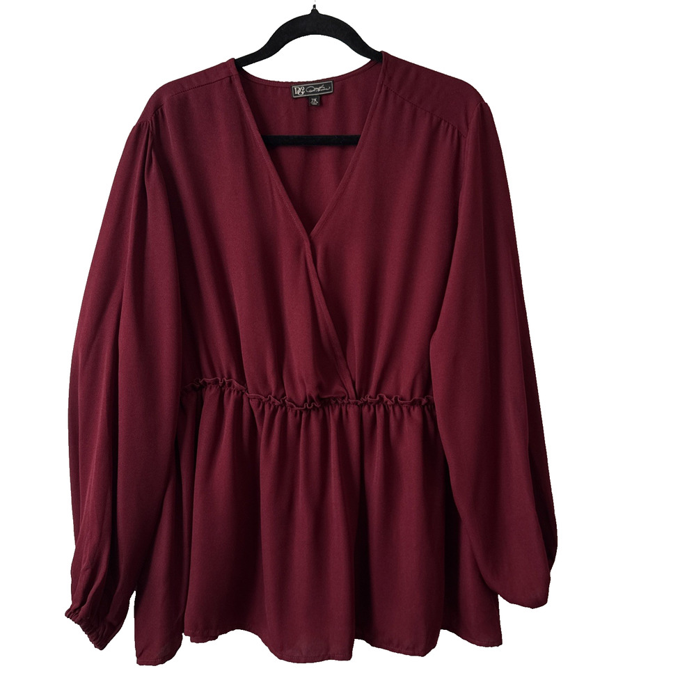 DG2 Diane Gilman Womens Plus 2X Whimsigoth Wrap Snap Peplum Blouse Burgundy Red